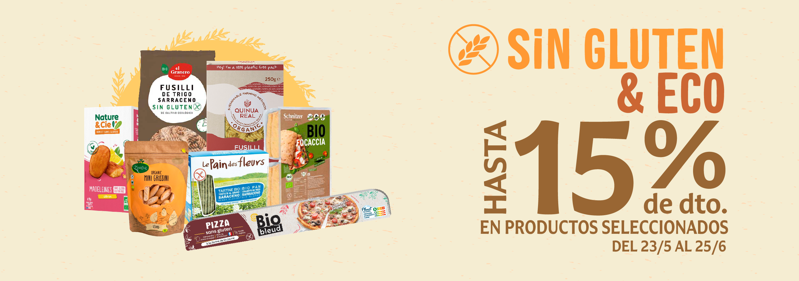 Bodegón de productos sin gluten en promoción en supermercados Veritas