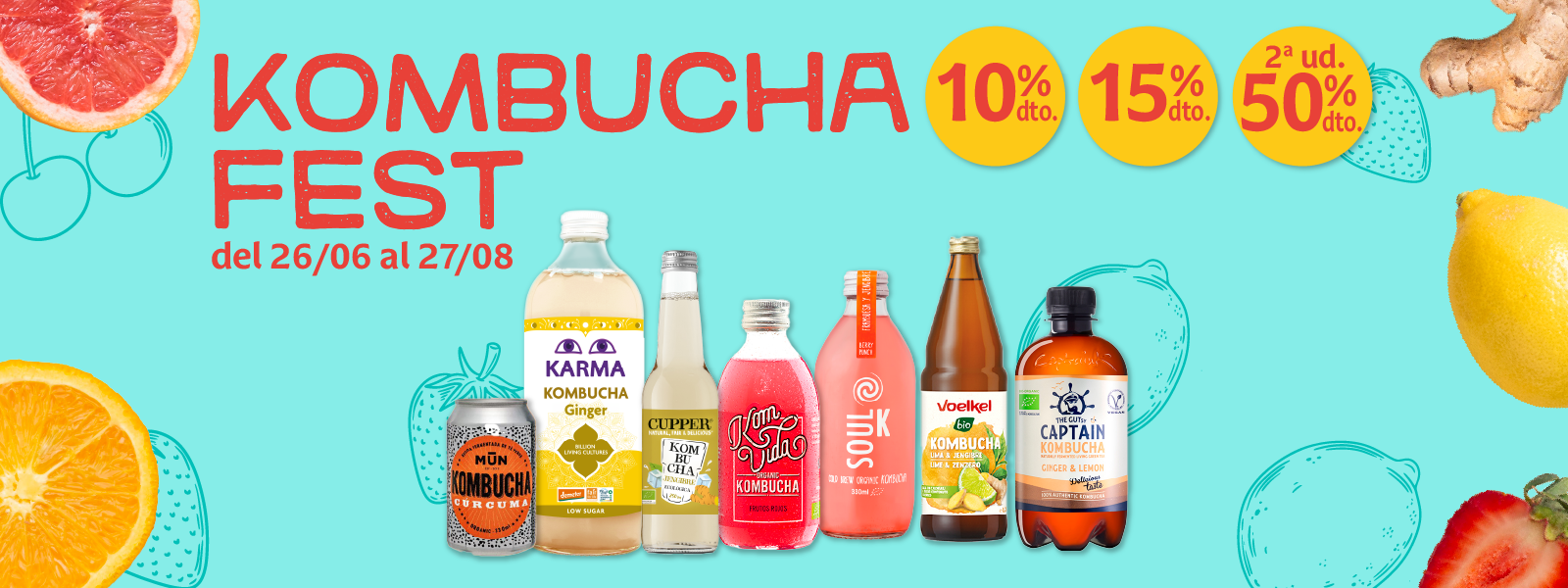 Bodegón de kombucha en promoción en supermercados Veritas