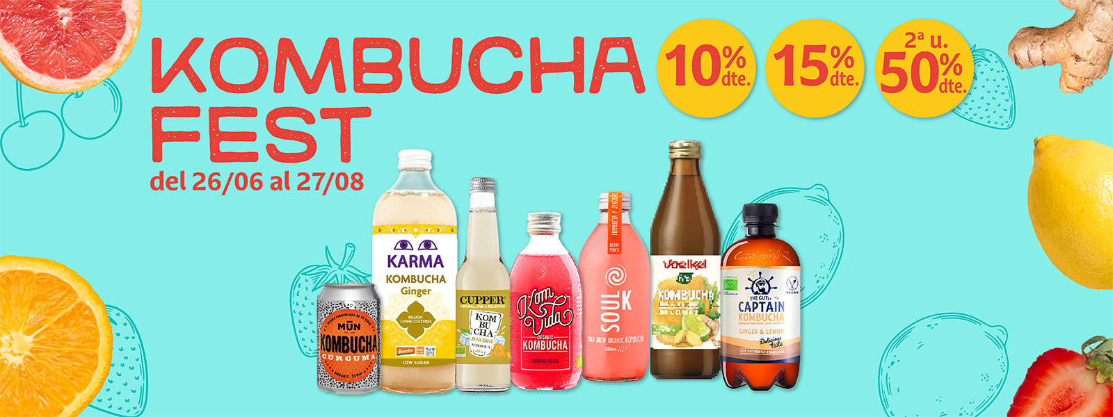 Bodegón de kombucha en promoción en supermercados Veritas