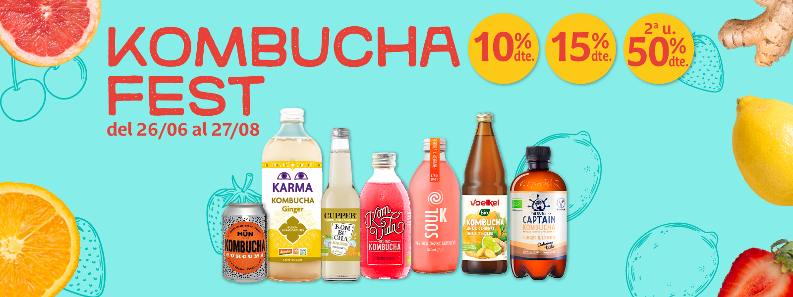Bodegón de kombucha en promoción en supermercados Veritas