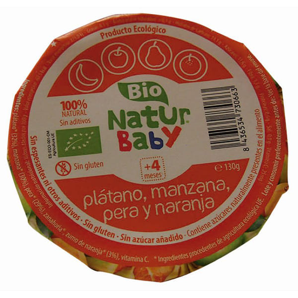 Puré plátano,manzana,pera y naranja 130g ECO